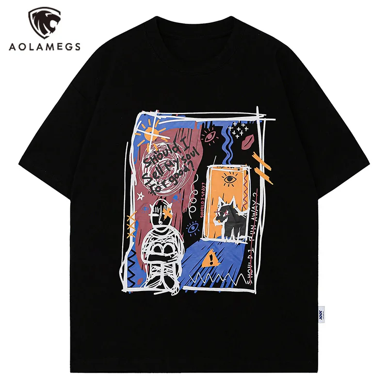 

Aolamegs Y2K Men T Shirt Fun Doodles Oversize Short Sleeve Tees 3 Colors Optional Harajuku Vintage Hip Hop Cotton Tops Unisex