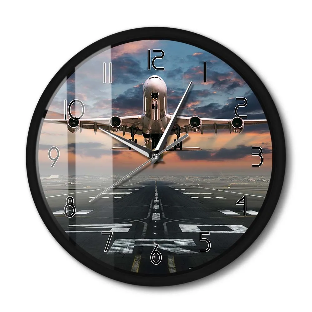 

Airplane Taking Off Aviation Pilot Metal Frame Wall Clock Sunset Lawn Airport Aircraft Aviator Home Decor Silent Wall Watch