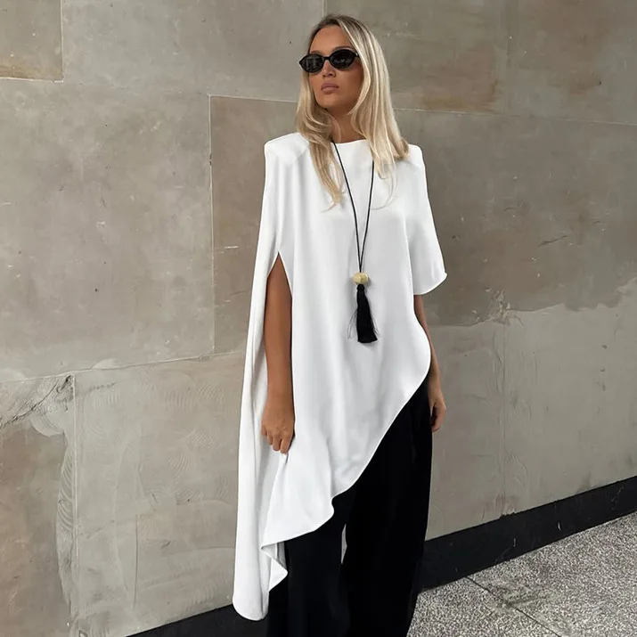 

Белая асимметричная осенняя женская футболка в стиле пэчворк, пуловер с круглым вырезом, футболки для женщин, темпераментная женская куртка в Instagram-стиле