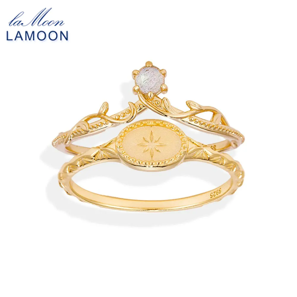 

LAMOON Vintage Natural Labradorite Engraved Ring For Women Exquisite 925 Sterling Silver Gold Vermeil Sand Blast Fine Jewelry