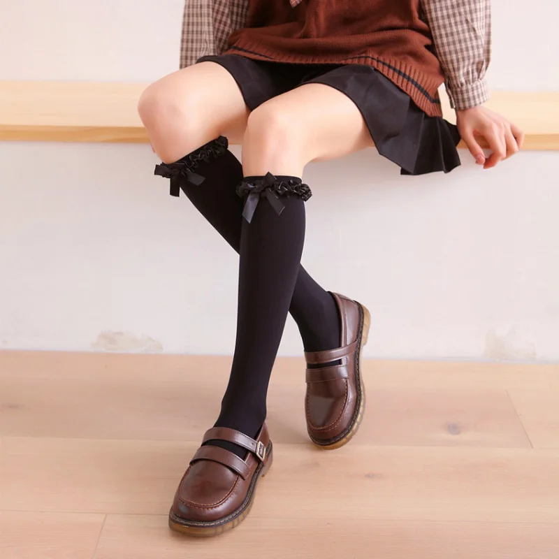 Spring and Summer Thin Japanese Style Flounce Tube Socks Women's Bow Knee-Length Calf Socks Lolita Uniform Stockings