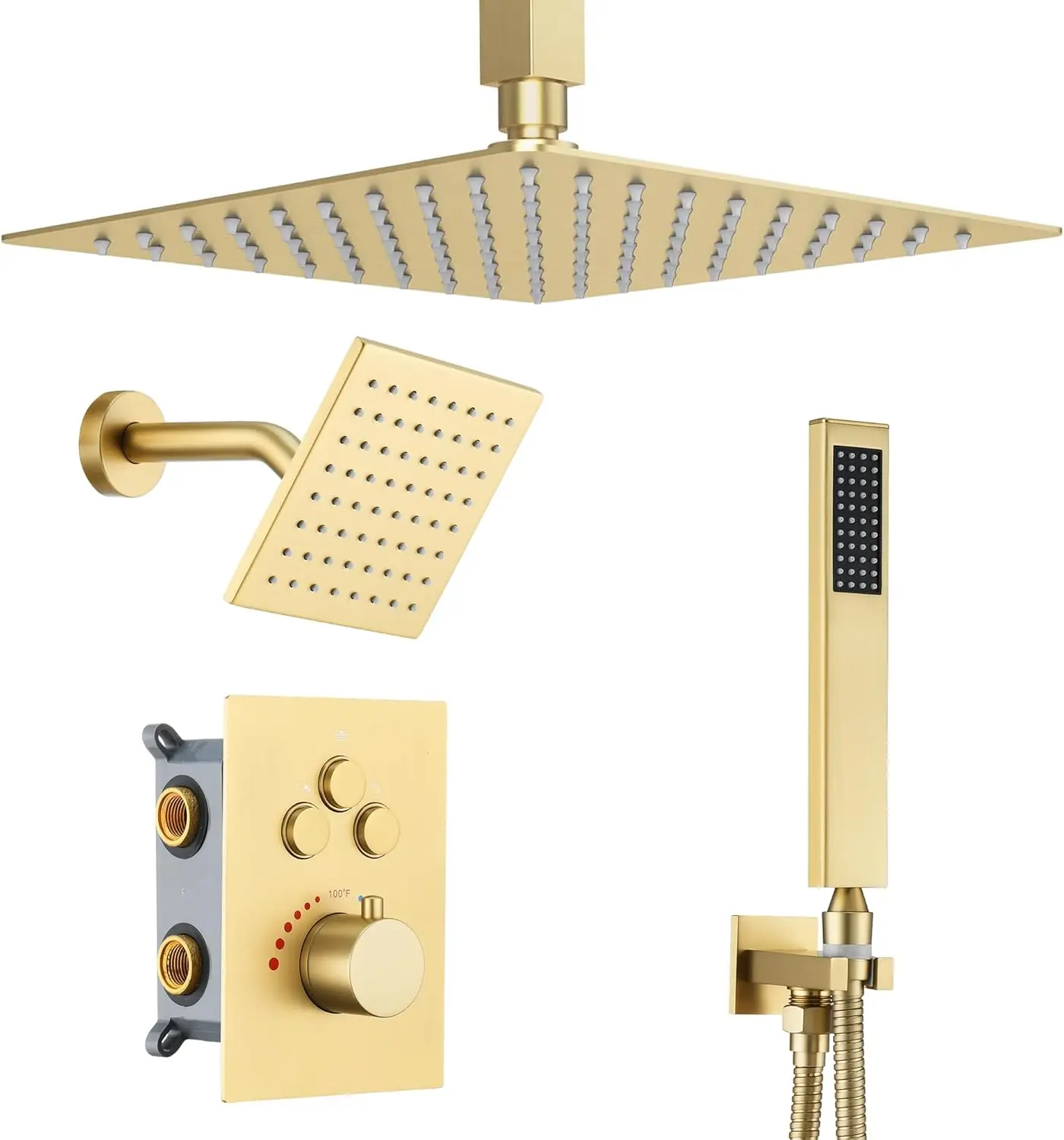 Brushed Gold Thermostatic Shower System With Ceiling 12-Inch Rainfall Shower & Wall Mount 6-Inch High Pressure Shower Head,