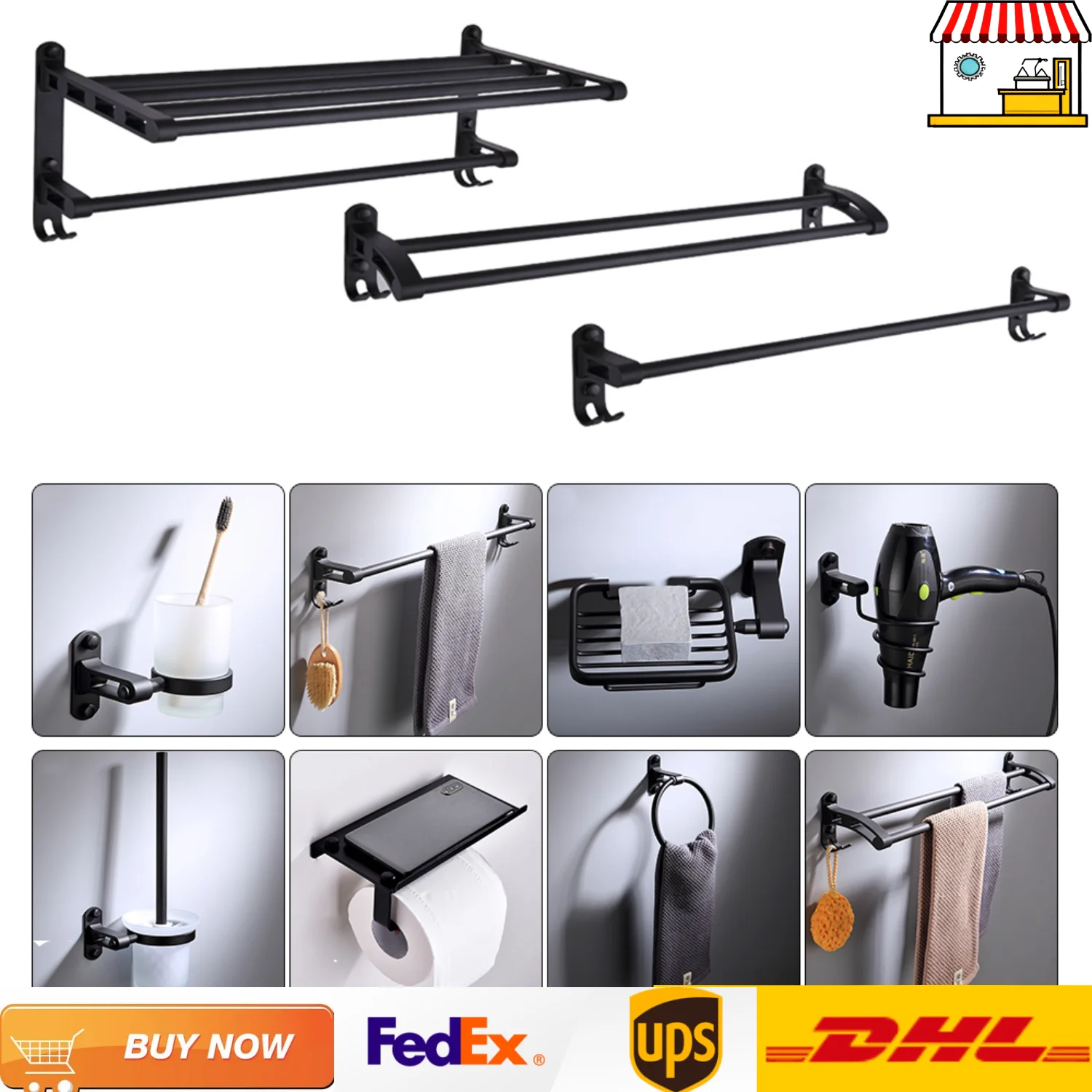 

9pcs Space Aluminum Bathroom Organizer Kit| Black Wall Mount Towel Racks Set w/ Soap Holder, Toilet Brush Holder