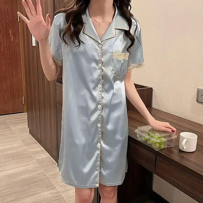 

Sleepshirts Women Summer New Design Thin Simple Short Sleeve Sleepwear Fashion Cozy Graceful Turn-down Collar Home Wear Beauty