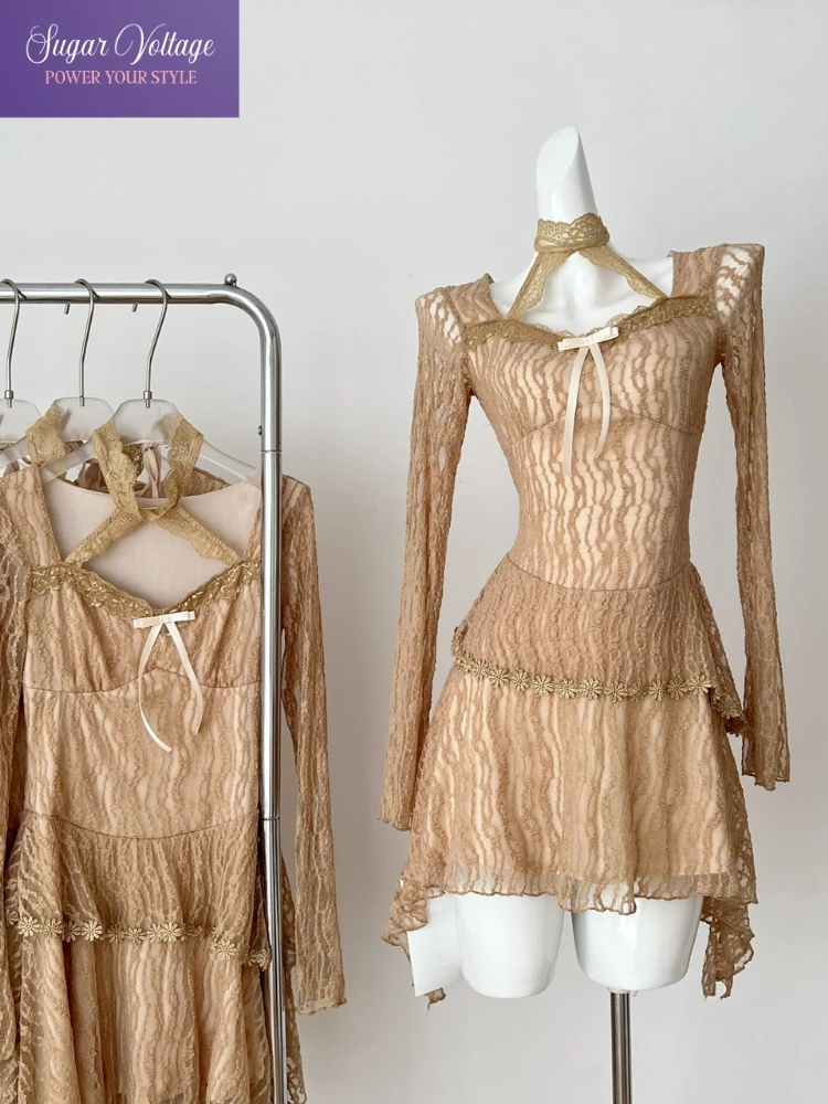 

Осеннее новое винтажное сексуальное платье Harajuku Y2k, женское тонкое платье трапециевидной формы с длинным рукавом и кружевным бантом, повседневное элегантное корейское модное шикарное платье