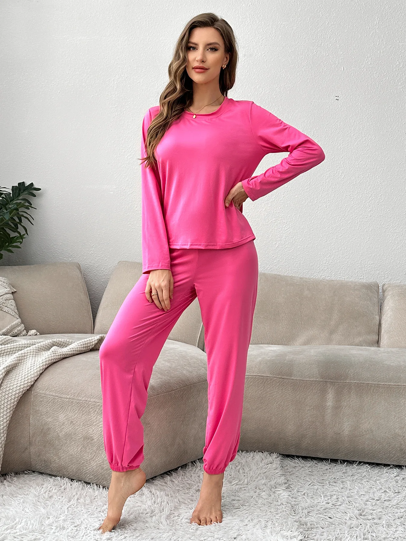

Women's Pajama Set Lougewear Multi-color Plain Tie-ankle Sleepwear Soft Elastic Milk Silk Two Pieces Long Sleeves Pajamas Woman
