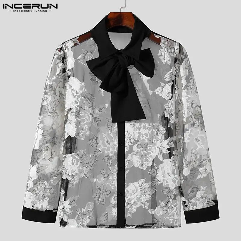 Fashion Sexy New Men Perspective Lace Print Jacquard Tie Shirts Casual Male Hot Sale Long Sleeved Blouse S-5XL INCERUN Tops 2024