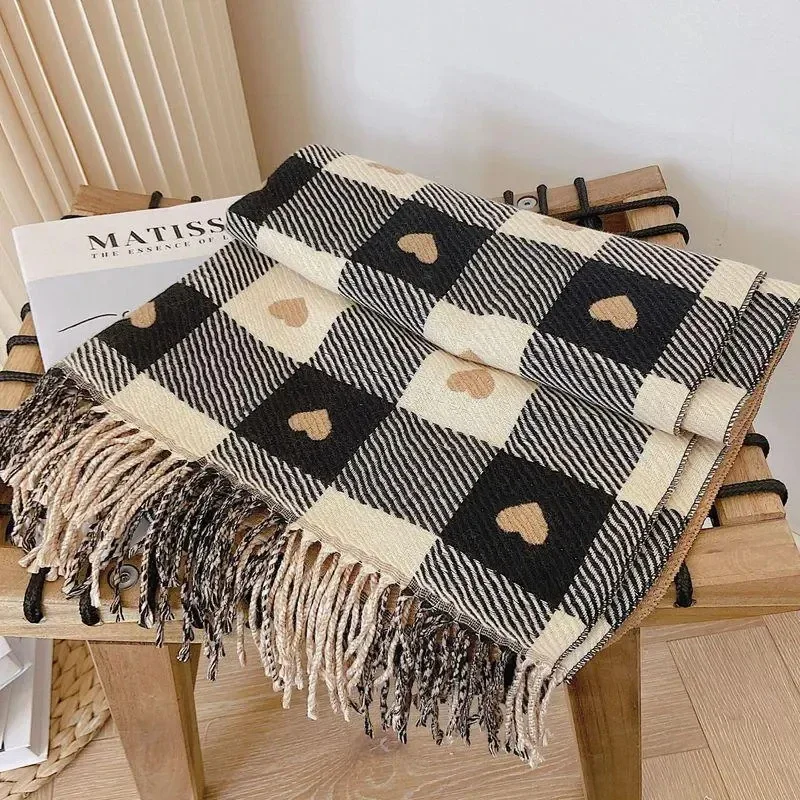 Cashmere Tassel Scarves Women Knitted Heart-pattern Plaid Lovey Girl Winter Scarf College Fashionable Leisure Shawl Wraps