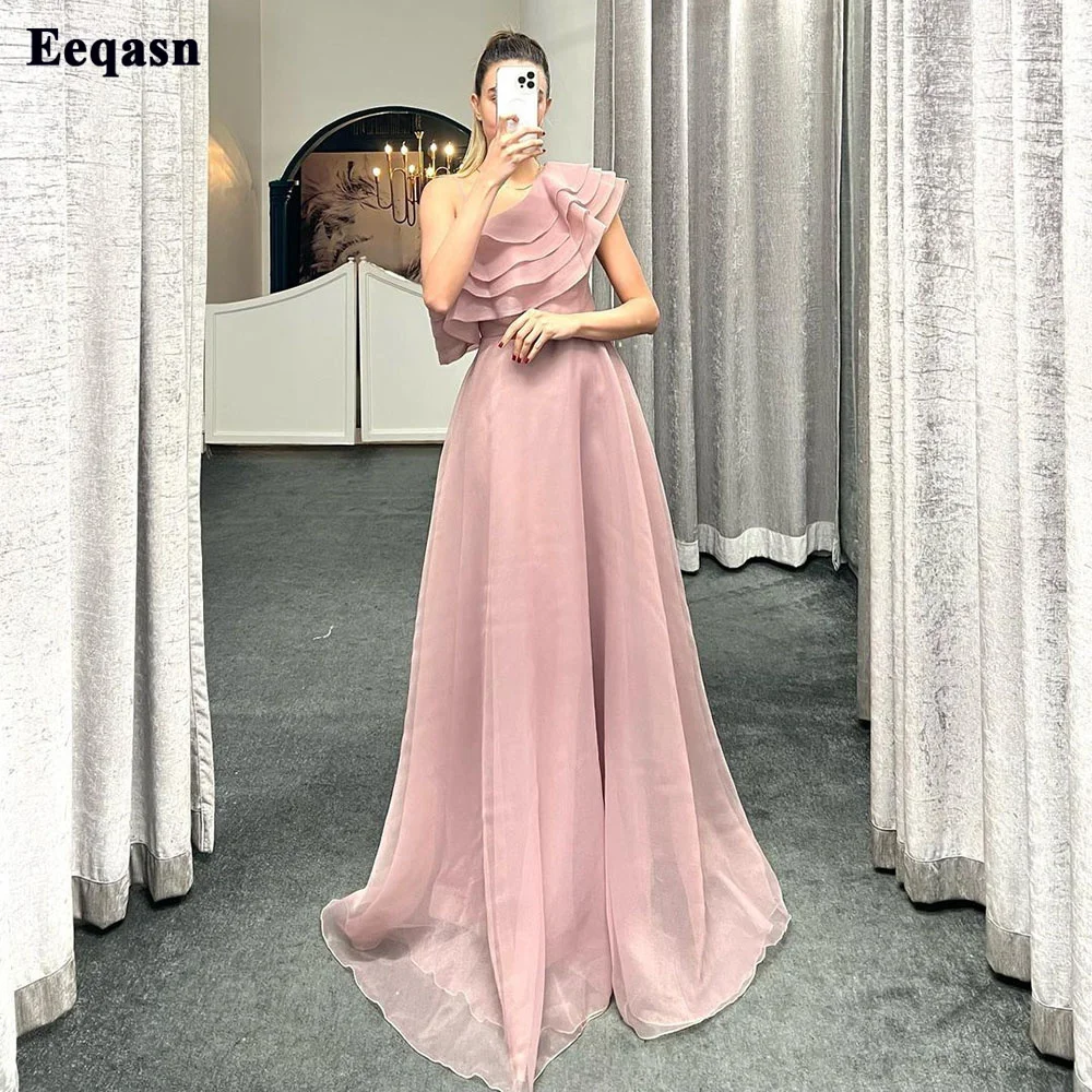 

Eeqasn Blush Pink Long Formal Prom Dresses Tiered One Shoulder Evening Gowns 2022 A Line Long Wedding Party Gowns For Guest