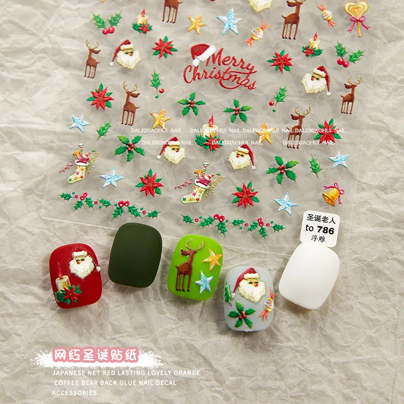 Natal Gingerbread Nail Art Adesivos, 3D Relief, desenhos animados bonitos, floco de neve, alces brancos, decalques Decoração, adesivo completo