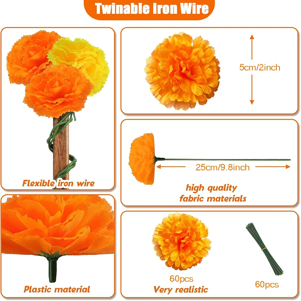 YeeNanee-رؤوس زهور القطيفة الاصطناعية مع جذع ، قطيفة قطيفة حرير برتقالي لديكور ديا دي لوس مويرتوس ، يوم الموتى تصنعه بنفسك ، 60 *