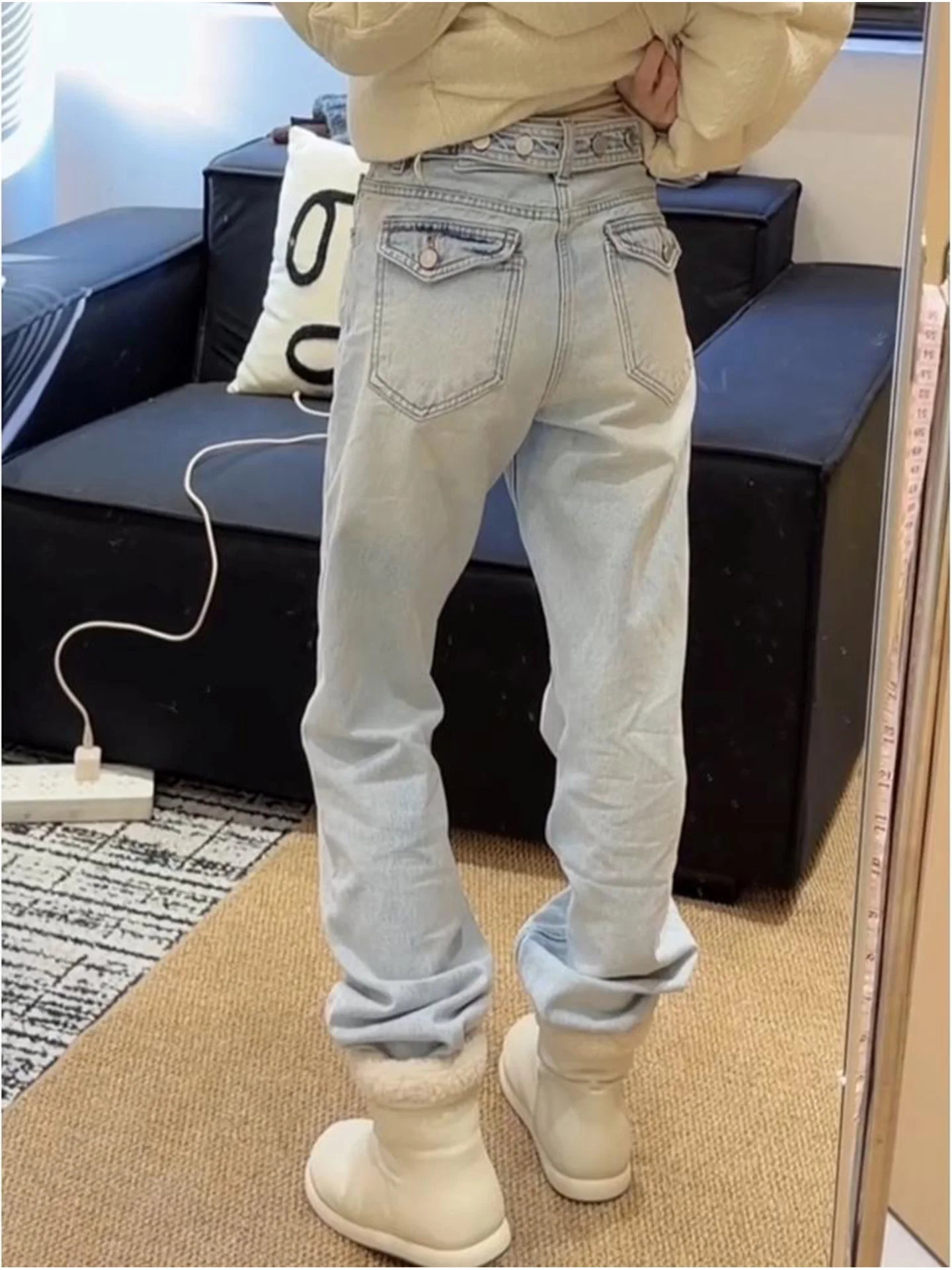 

Прямые джинсы с высокой талией в американском стиле, женская повседневная одежда, потертые джинсовые брюки, осень-зима, новые утягивающие брюки