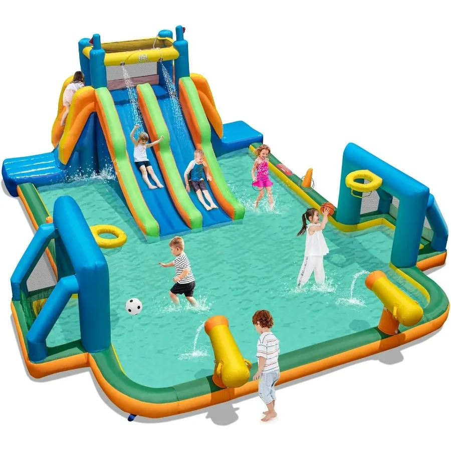 Aufblasbare Wasserrutsche, 19x17FT Mega Waterslide Park Dual Long Slides für Rennspaß mit Dual-Kletterwand, großem Spritzbecken