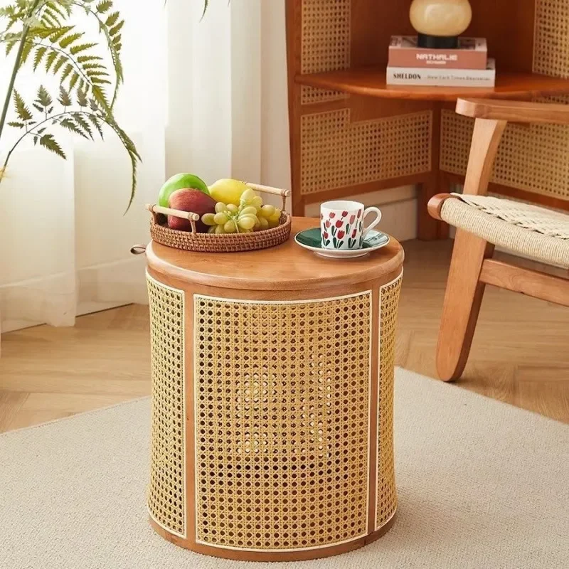 Rattan Solid Wood Japanese Style Round Coffee Table Tea Table Storage Bedside Table Living Room