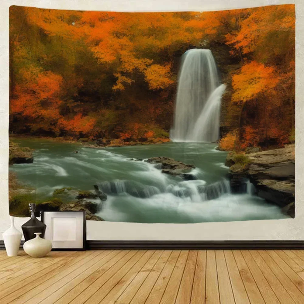 

Beautiful natural landscape tapestry Bohemian Datura home decoration background cloth forest waterfall printing large tapestry