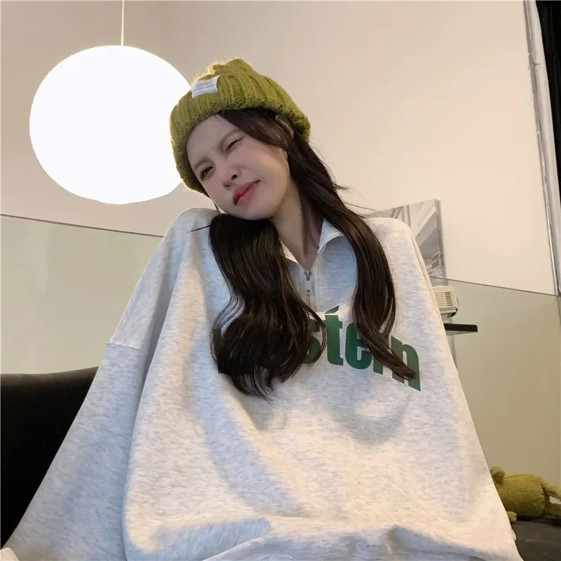 Winter Loose Sweatshirt Women Oversize Casual Zipped Stand Collar Pullover Hoodie Fashion Harajuku Streetwear Preppy Street Wear