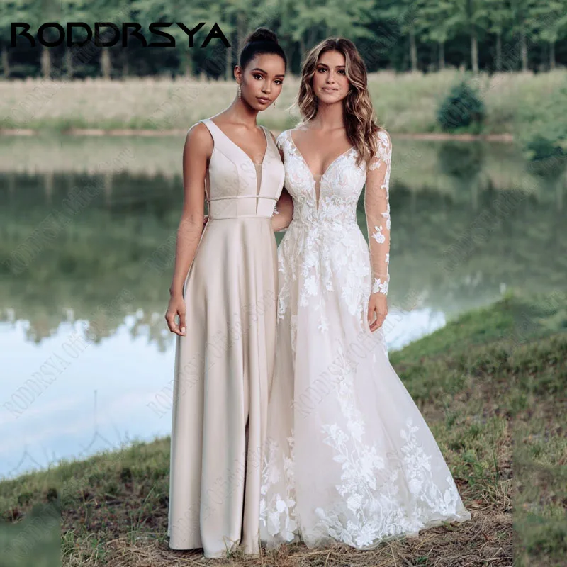 Roddrsya Beach wedding dress 2024 V - neck dentelle Applied wedding dress manches longueRODDRSYA-Robe de mariée en dentelle à col en V, tenue romantique à manches longues, avec bouton et dos nu, pour les patients, 2024