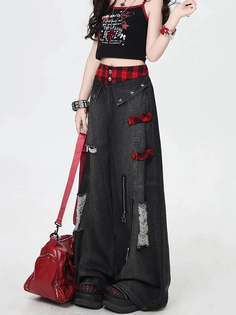 Y2K rouge gothique Hip-Hop trou Vintage jean fille haute rue tendance américain Baggy lavage ceinture globale épissage femme pantalon à jambes larges