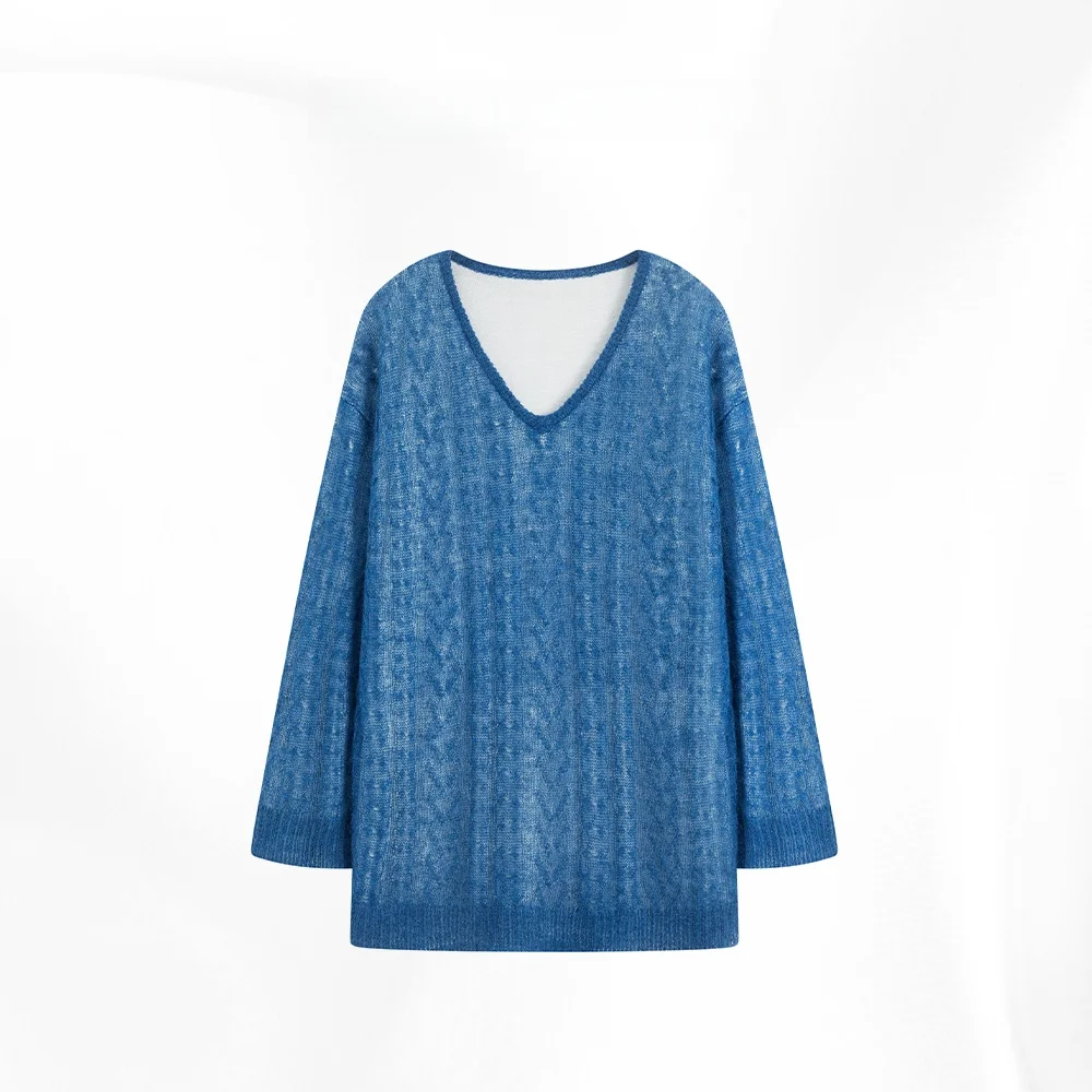 JCCC Shadow Early Spring Denim Weave Pattern Cashmere Wool Knitted Hoodie Fake Two-Piece Color Block Women's Fashion Sweater