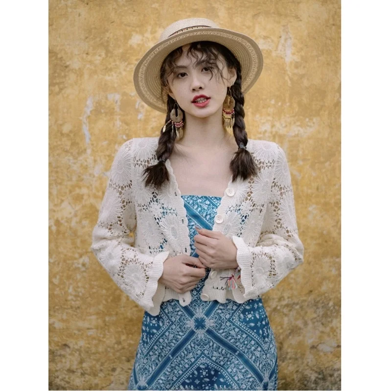 

Женский ажурный кардиган с длинными рукавами, тонкий, летний, для ношения поверх платья, легкая накидка-жакет