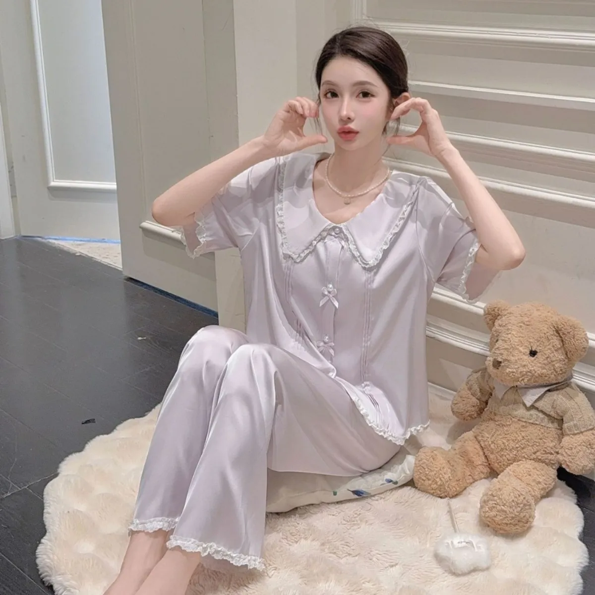 3pcs Korean style sweet and skin friendly comfortable pajamas summer ice silk short sleeved pants set beautiful girls' homewear