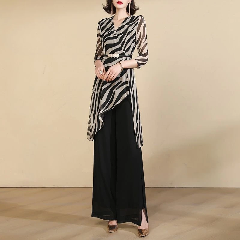 

2026 Summer Women Simple Commute Suit Long Blouse Wide Leg Pants Fashion Casual Elegant Heightening Slimming
