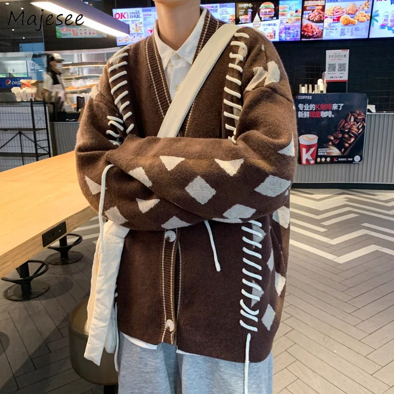 

Men Loose Cardigans Fall Winter Oversize V-neck Tops Contrast Color Stripe Casual Long Sleeve Sweaters Warm Single Breasted Chic