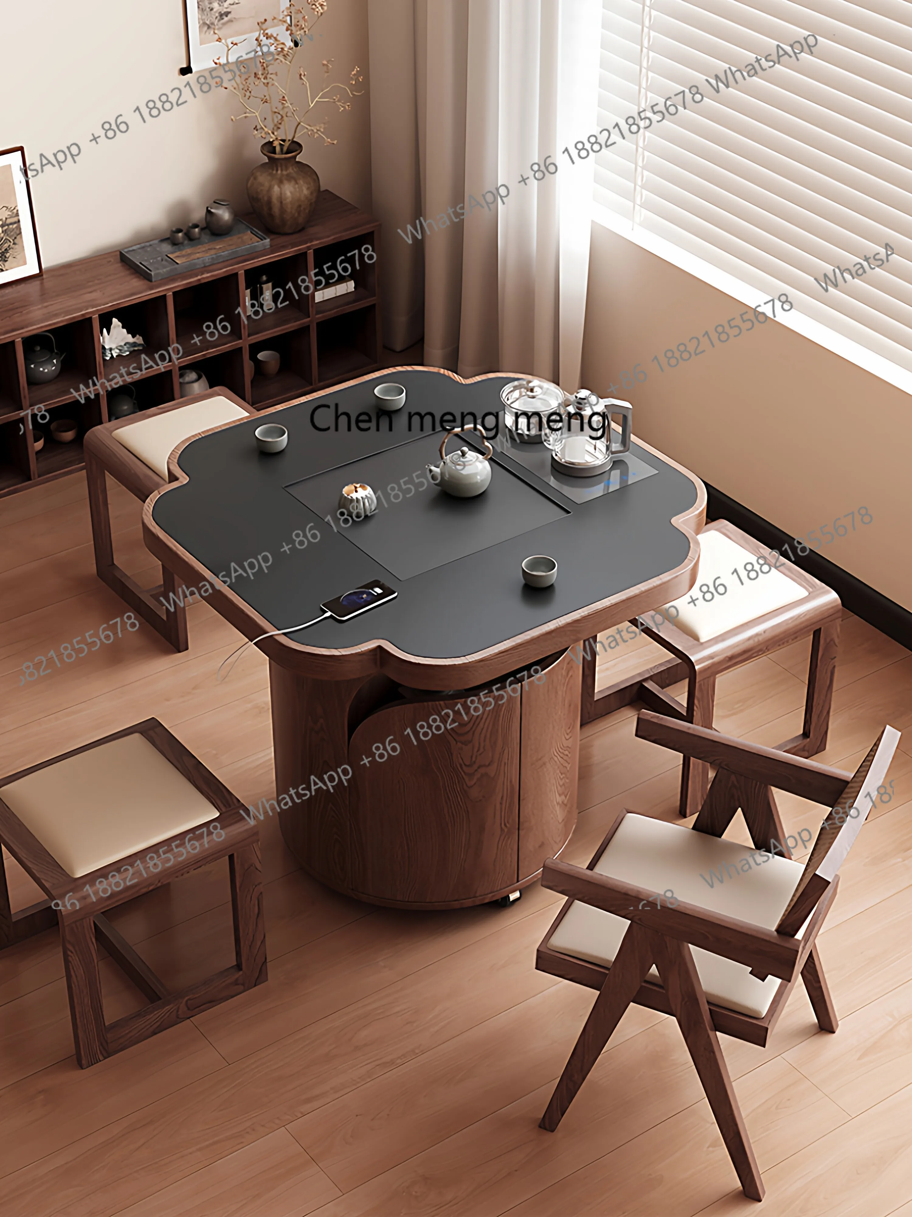 Solid wood movable tea table living room tea cabinet with small apartment balcony small tea table
