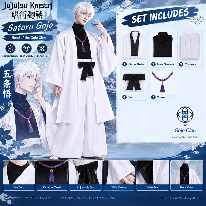 Costume de cosplay du chef du clan Gojo, inspiré de l’anime Jujutsu Kaisen, ensemble complet de kimono JJK, tenue pour homme, idéal pour Halloween et les conventions de mangas.
