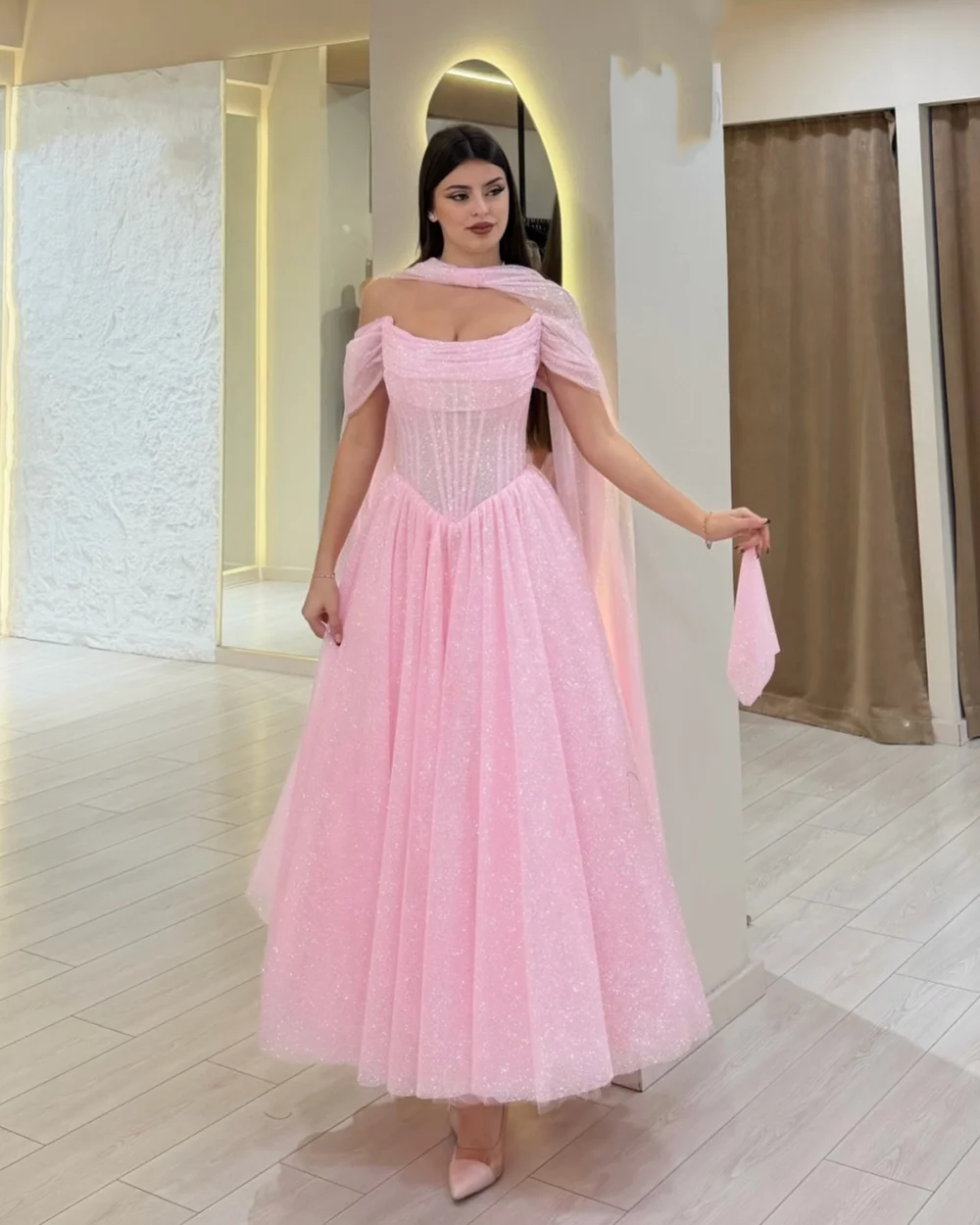 

Customized High Quality Women Tulle Sequined Ruched A-line Evening Dress Chic Strapless Sleeveless Sweet Princess Ruffled Dress