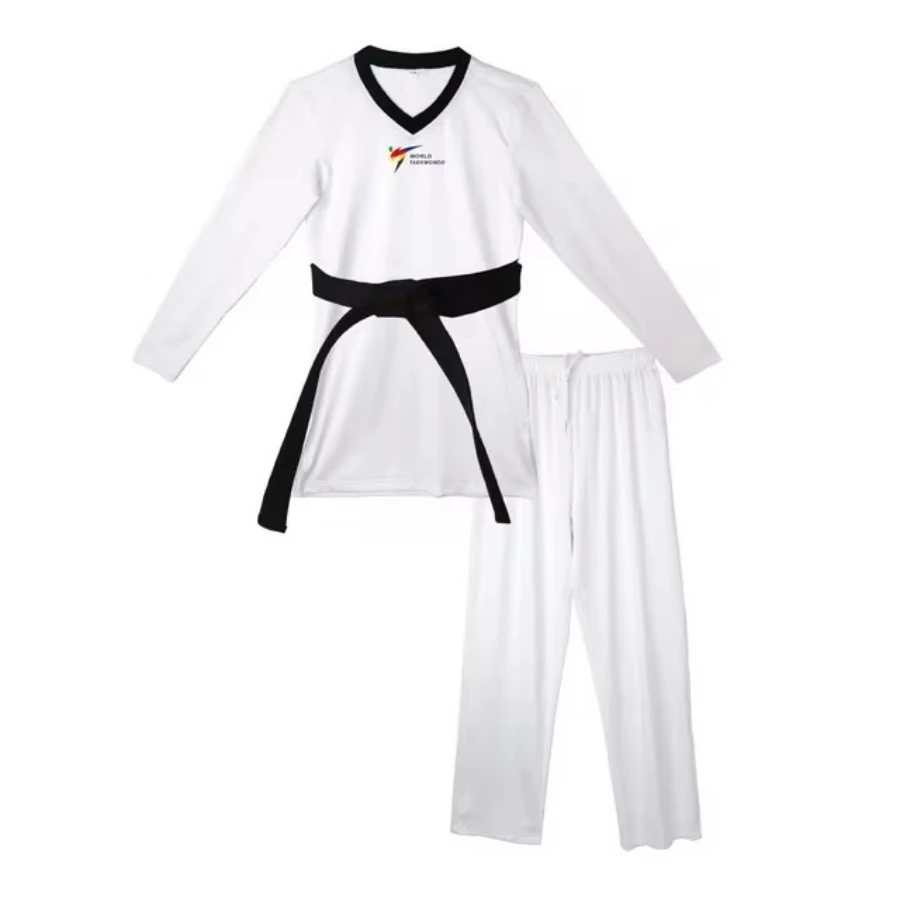 Novo Uniforme de Taekwondo WTF 2026 para Crianças e Adultos, Branco e Preto, Dobok com Colarinho, Tecido Elástico, Secagem Rápida, Personalizável com Nome e Bandeira
