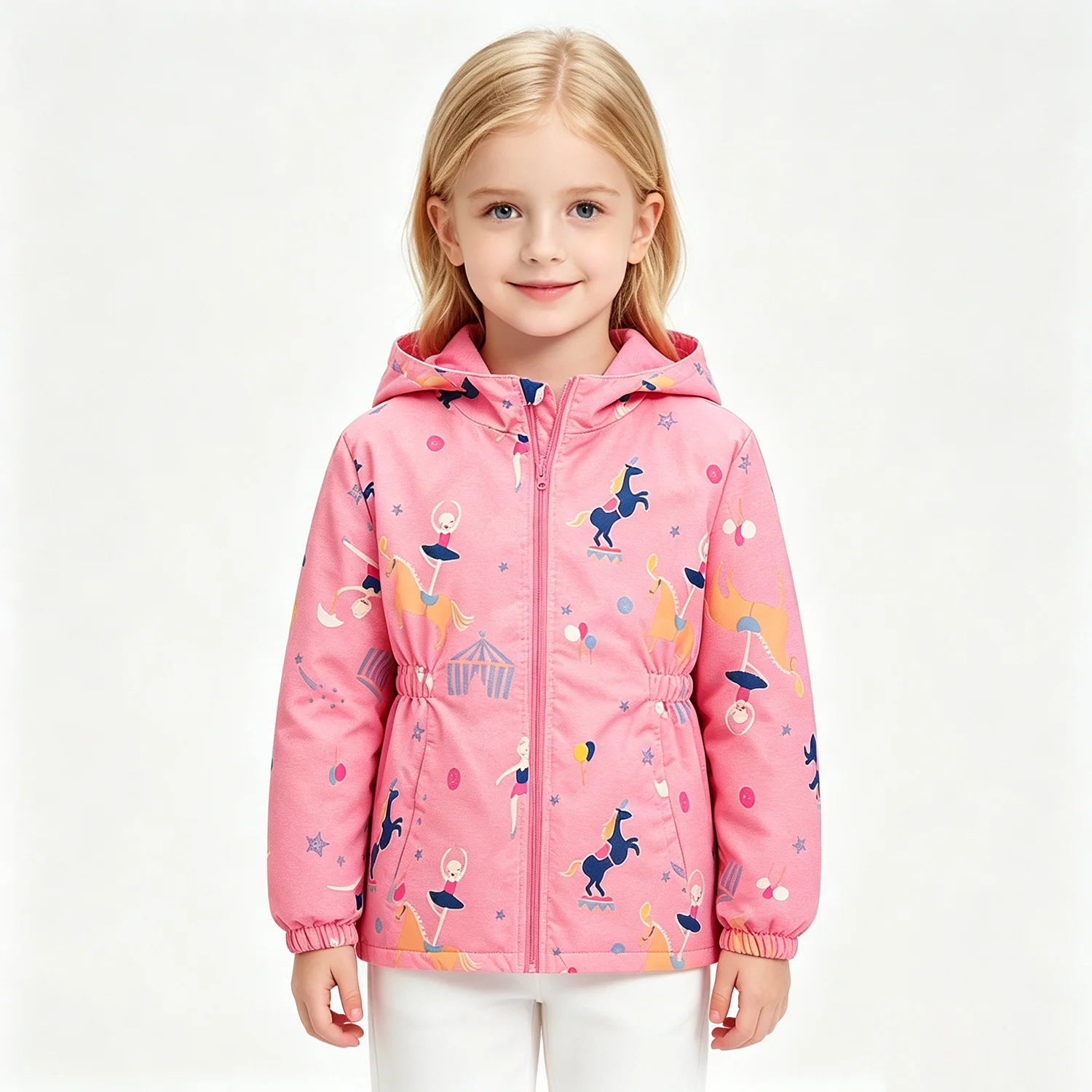 Girls' outdoor windproof and waterproof jacket with cartoon print, inner layer of fleece for warmth and waist cinching