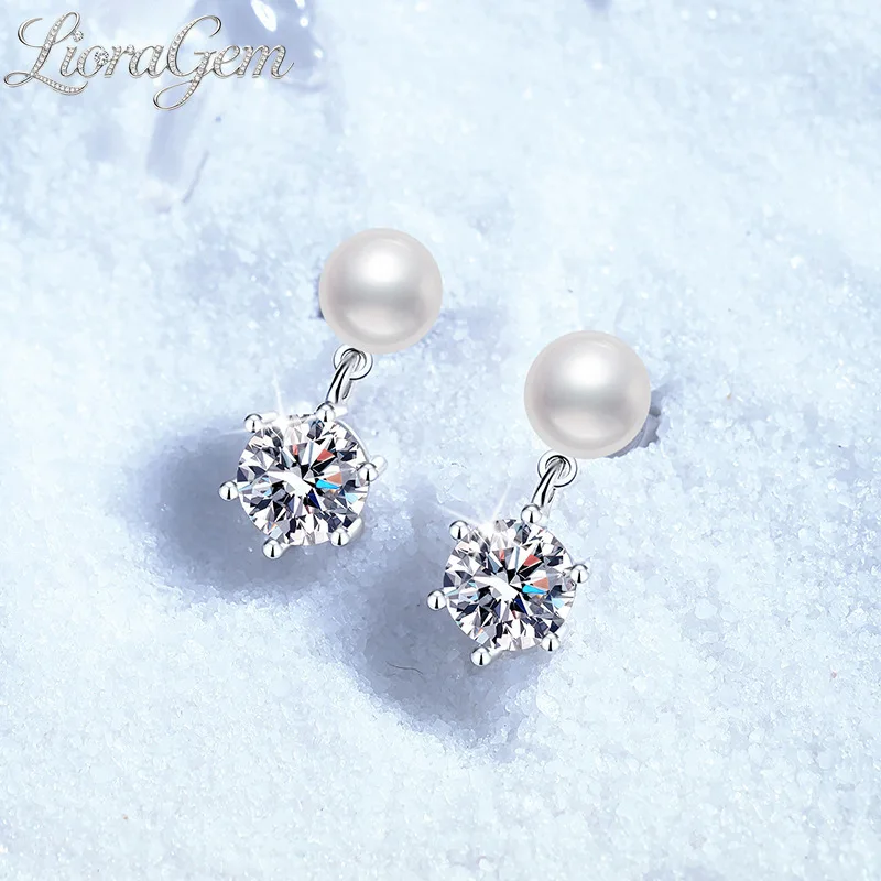 LioraGem Natural Freshwater Pearl 6mm Classic Six-prong Earrings, 1-carat Moissanite Tassel Drop Earrings Platinum PT950 Stamp