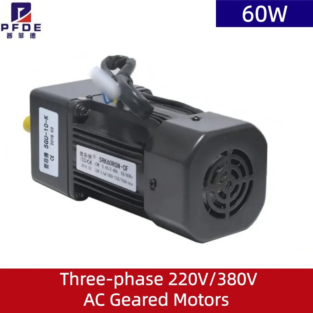 60W Three-phase 220V/380V AC Geared Motors 5RK60GN Induction Small Machine 3K-500K 2.7rpm-450rpm Only Motor CW CCW