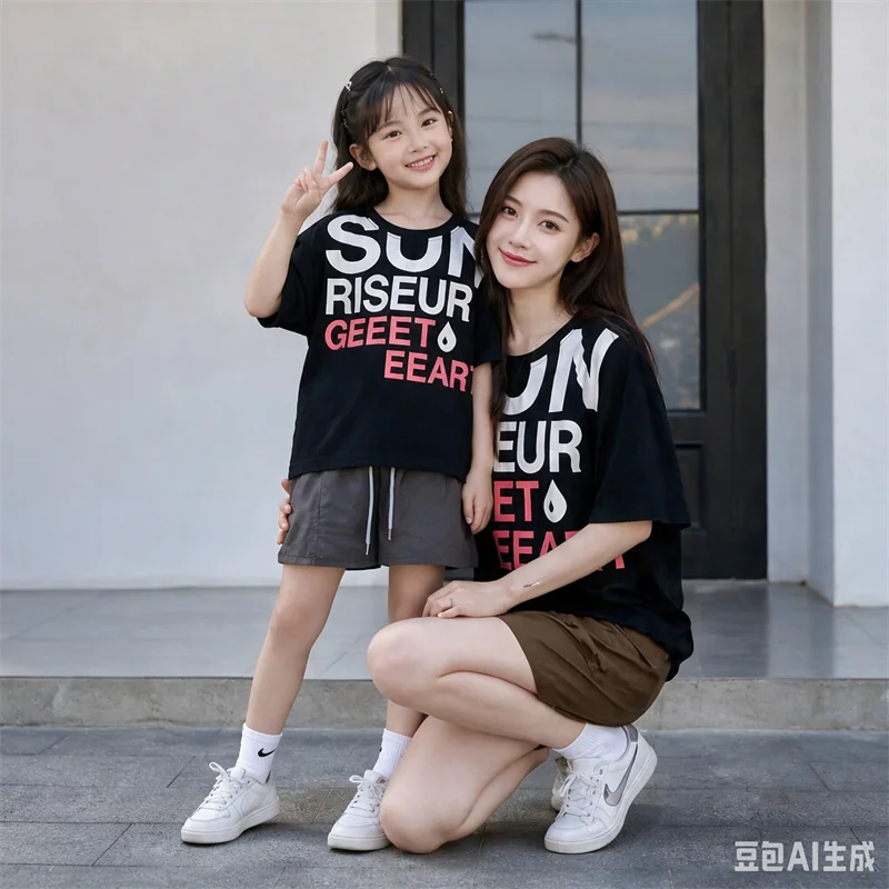 2026 Summer Mommy and Me Matching Letter Print Tee Family Outfit Casual Short Sleeve Top for Mom Dad Daughter Son Streetwear