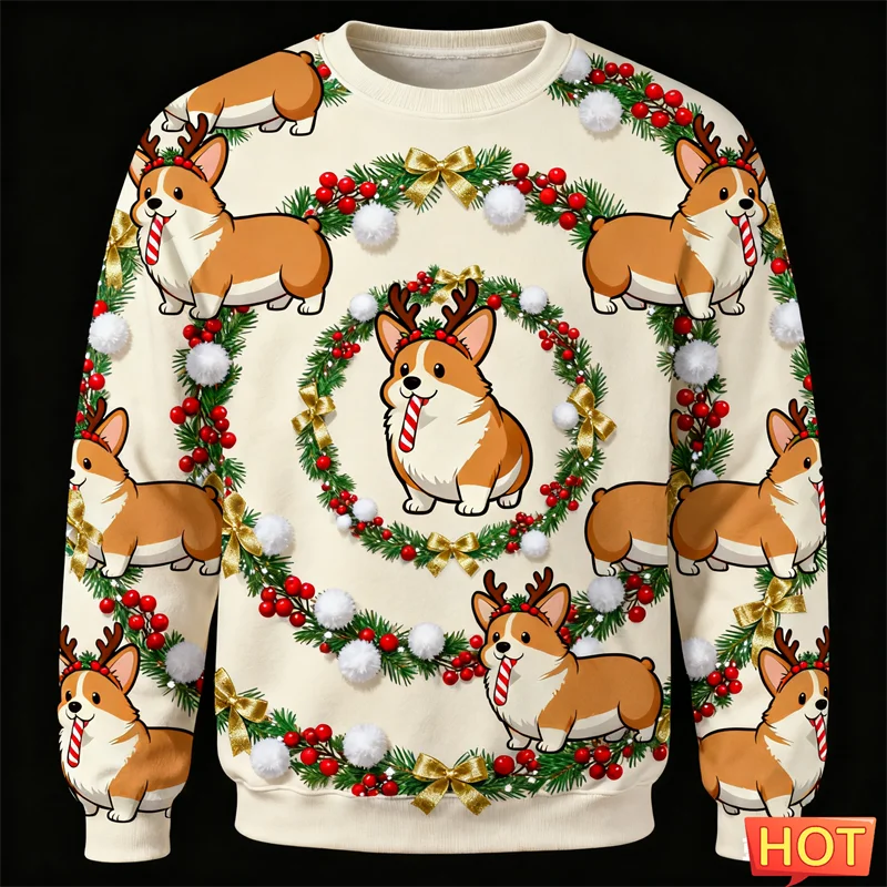 لطيف فصيل كورجي الرسم القبيح عيد الميلاد سترة للرجال العصرية عطلة ارتداء الكلب ثلاثية الأبعاد المطبوعة بلوزات عادية المتضخم البلوفرات القمم