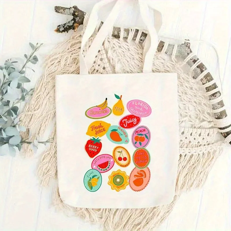 Eco-Friendly Cotton Tote Bag, Retro Fruit Sticker Print, Summer Gift Shopping Bag