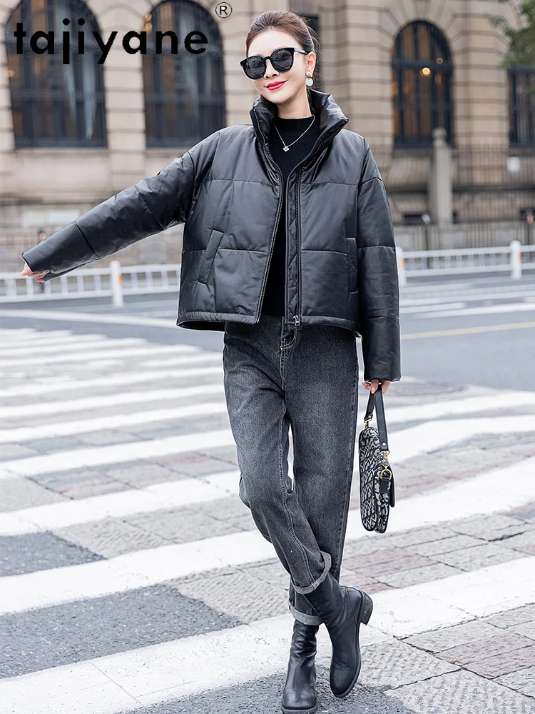 TAJIYANE 100% جلد البقر أوزة أسفل معطف امرأة أنيقة قصيرة سترة منفوخة لوكس سترات من الجلد الطبيعي 2025 ملابس حريمي 신상 Jadiitet