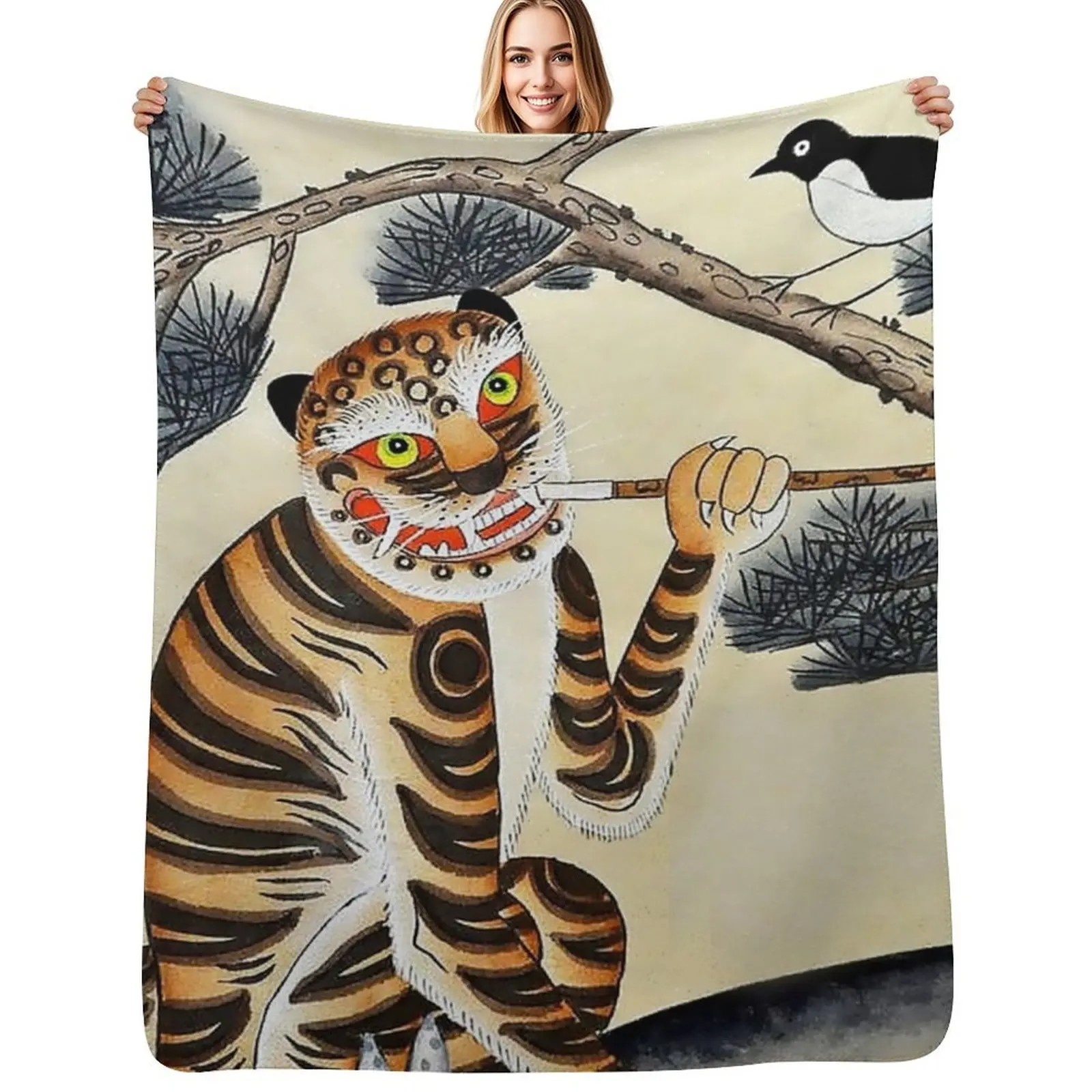 

Korean Minhwa Tiger with Pipe Throw Blanket Bed Decorative Beds Travel Luxury Blankets