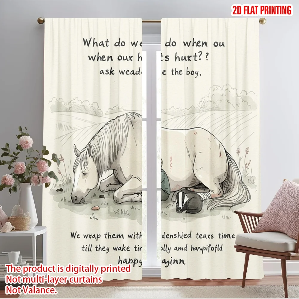 

2pcs 2D flat printing Window Curtains Horse Friendship Love Polyester Without Electricity Seasonal Party & Holiday Decor Use for
