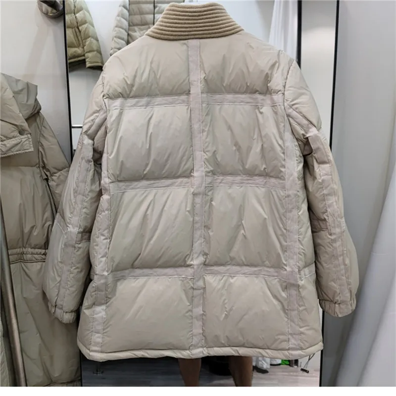 Warm Thick White Duck Down Coat Parkas Autumn Winter Women Knitted V Neck Down Jacket Lady Long Sleeve Puffer Oversize Outwears