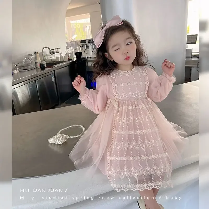 

2024 Baby Girls Fashion Lace Mesh Princess Birthday Dress Spring Autun Kids Children Vestidos Clothes