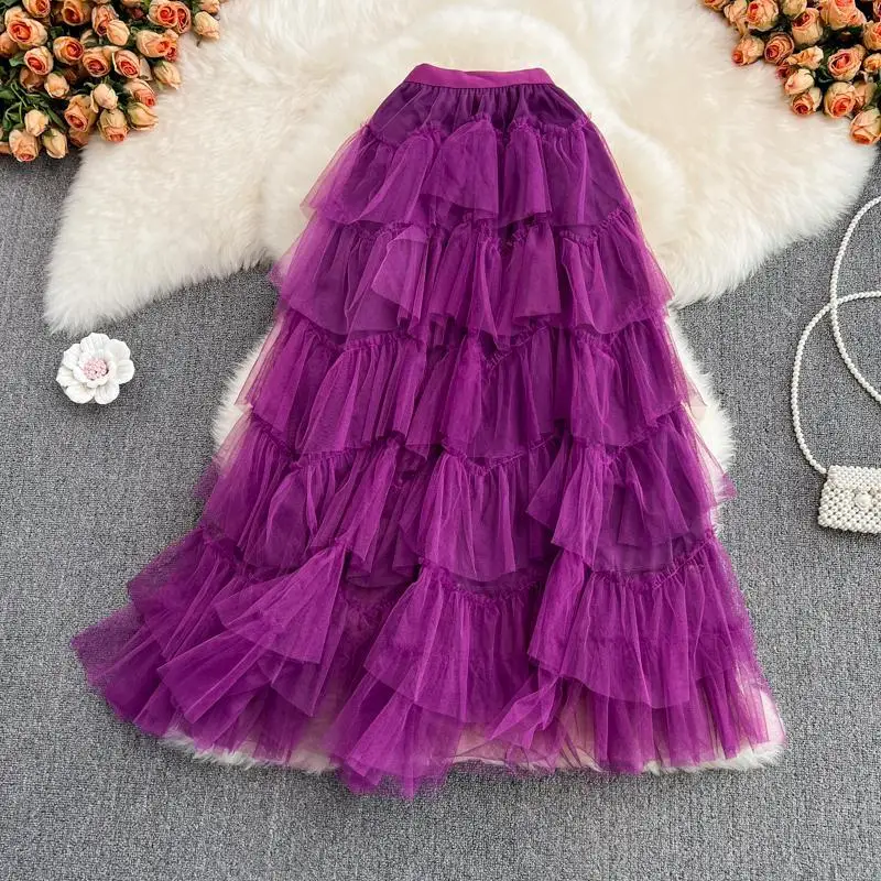 Spring Korean Tutu Tulle Long Skirts Womens Solid A Line High Waist Mesh Tiered Maxi Skirt Female Faldas Aesthetic