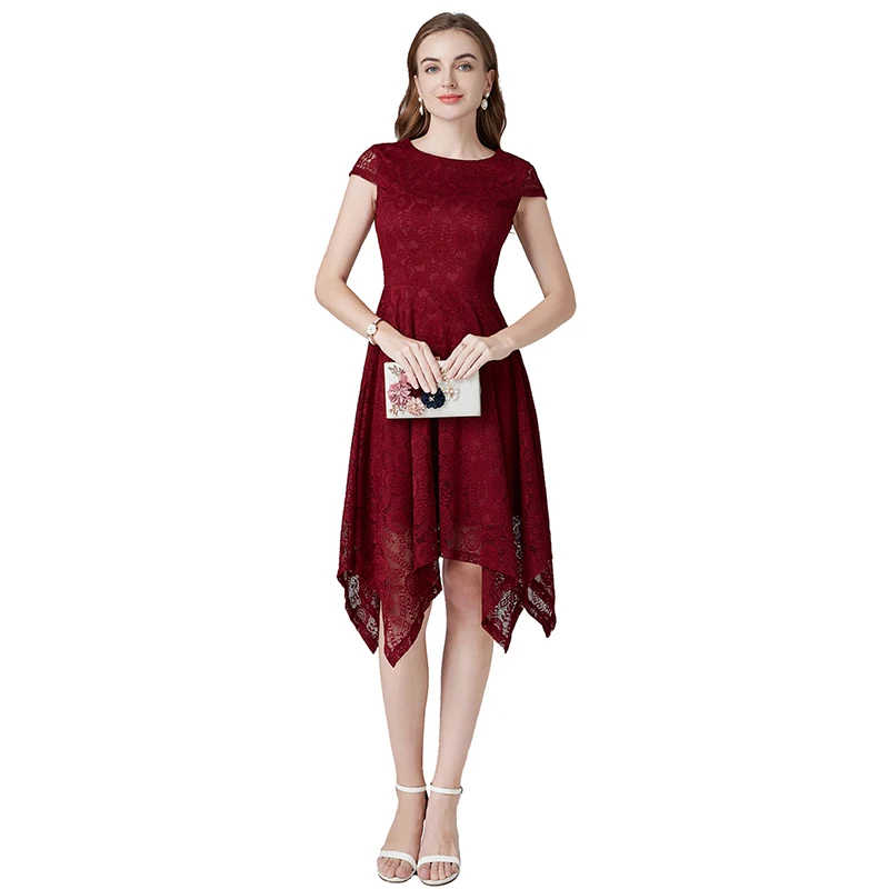 DongCMY High_Low Lace O-Neck Burgundy Color Prom Dress Elegant Plus Size Special Occasion Vestidos Gala For Women