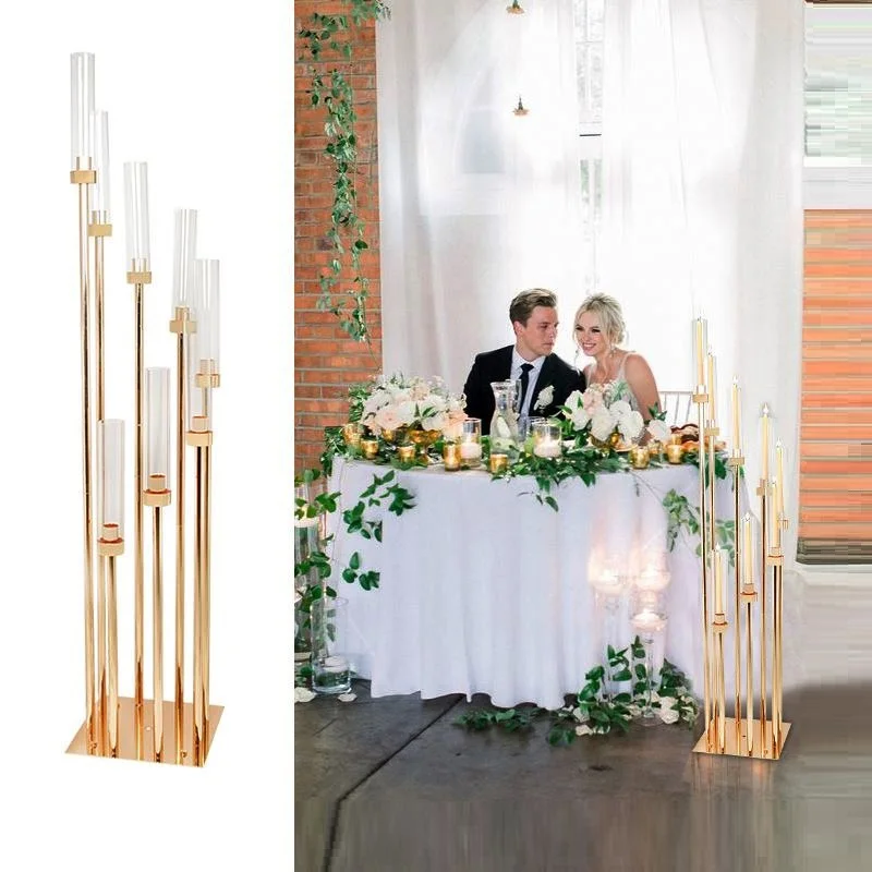 

10pcs 8 Heads Metal Candelabra Candle Holders Road Lead Table Centerpiece Gold Candelabrum Stand Pillar Candlestick For wedding