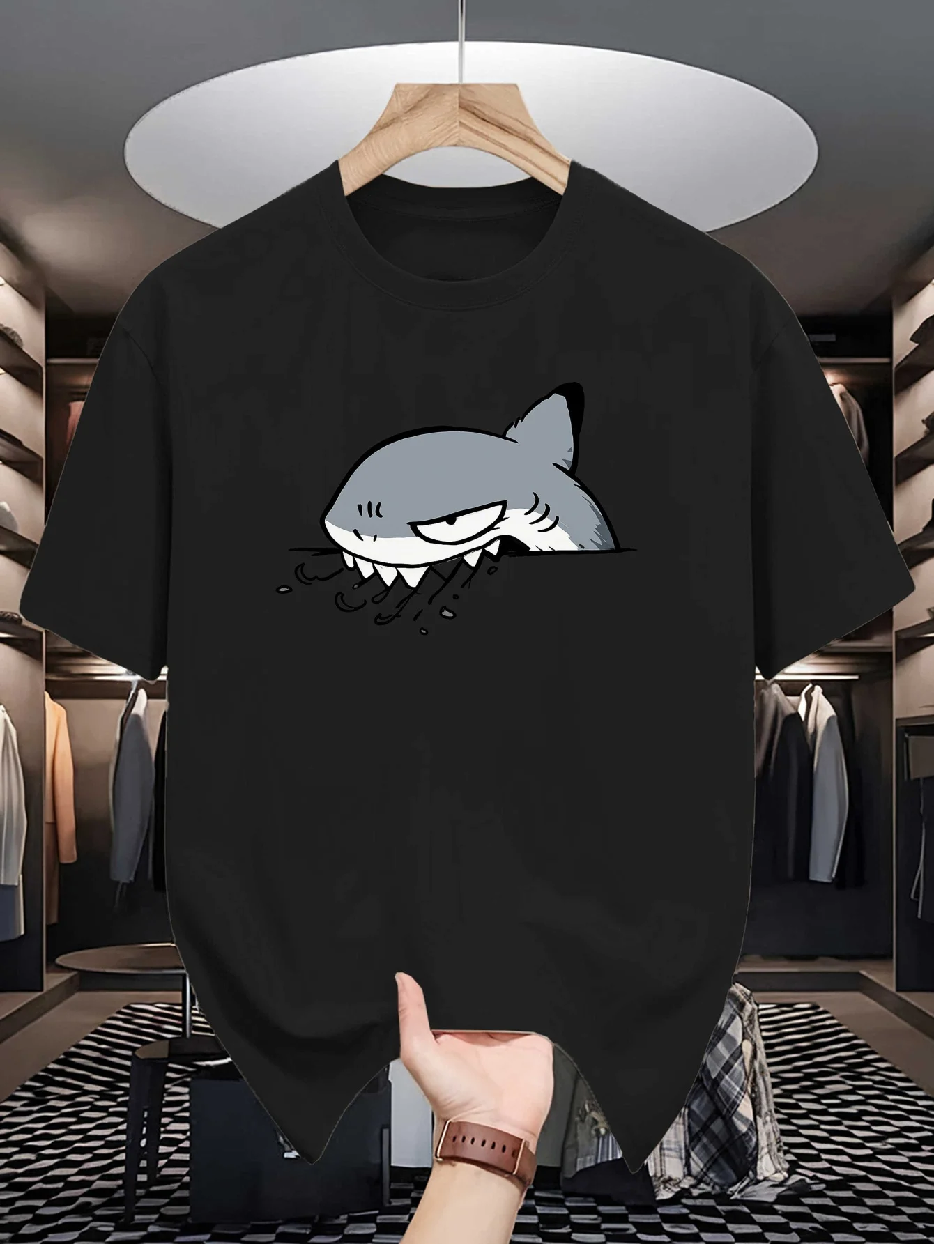 Angry Shark Breaking Out Cartoon Print Mens Crew Neck T Shirt Cool Ocean Animal Graphic Short Sleeve Casual Cotton Summer Tees