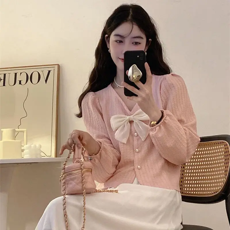 Korean Bow Patchwork Thin Blouse Spring Autumn New Long Sleeve V Neck Solid Color Sweet Shirt Tops Fashion Trend Women Clothing