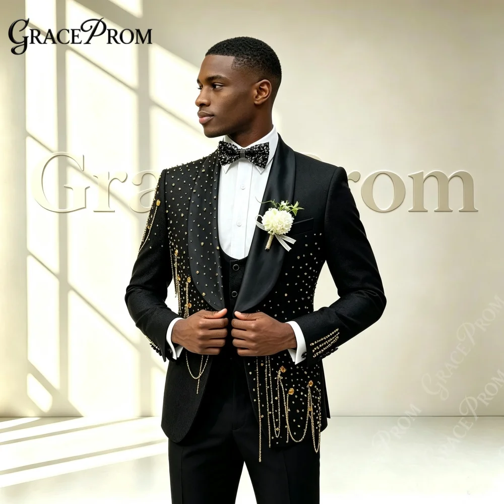 Glamorous Golden Tassel Black Men's Suit Wear Wedding Groom Sets 2027 Ornate Noble Shawl Lapel 3 Pieces Dancing Suit Set For Men