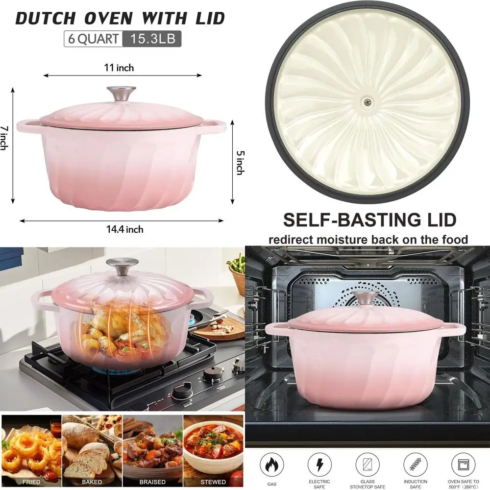 

6 Quart Enamel Cast Iron Dutch Oven Pot for Bread Baking, Heavy Duty Braising Cookware, Refrigerate Safe, All Cooktops, Gradient