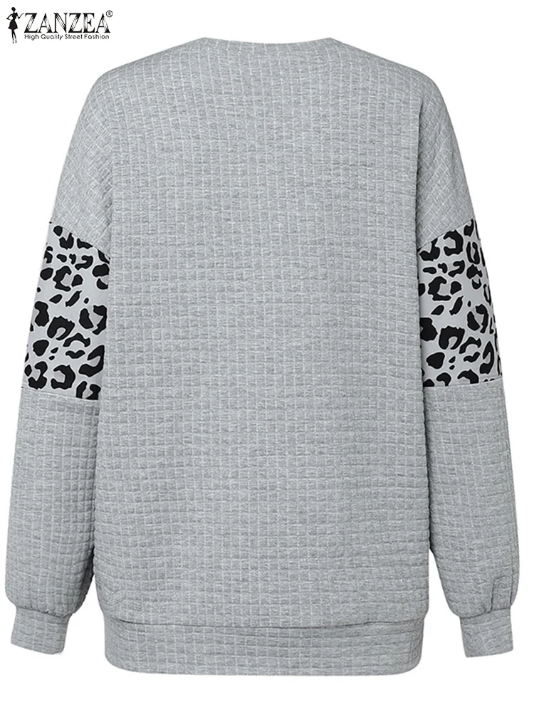 2024 zanzea feminino causal manga longa sweatshirts simples waffles retalhos leopardo impressão hoodies em torno do pescoço elegante pullovers